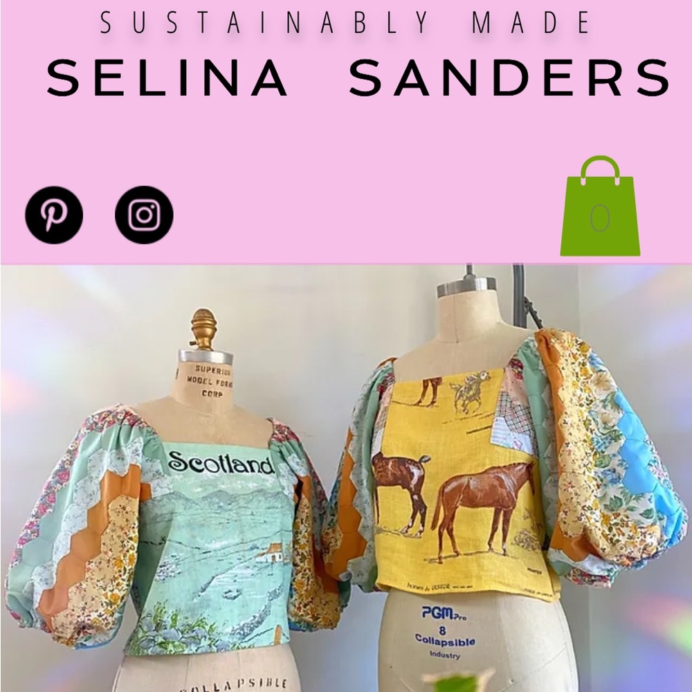 Selina Sanders Custom Made Barkcloth Hand Dyed Floral Top Bandana Sleeves NWOT - Picture 2 of 12
